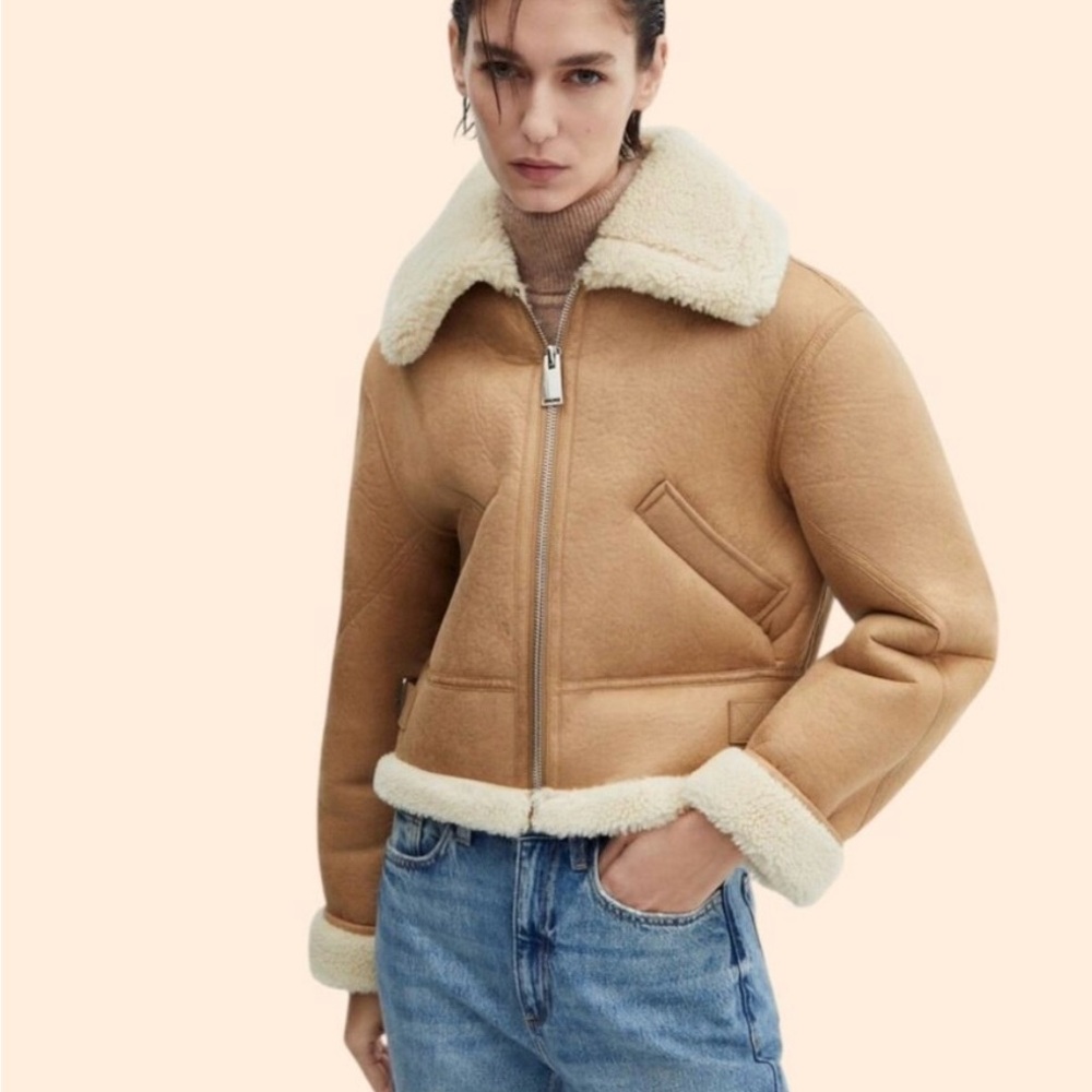 Mango Camel Teddy Jacket with Cream Accents